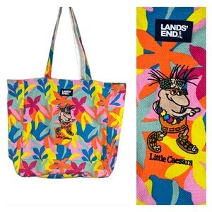 Vtg 90s Lands End Little Caesars Canvas Tote Bag Beach Tropical Embroidered Rare